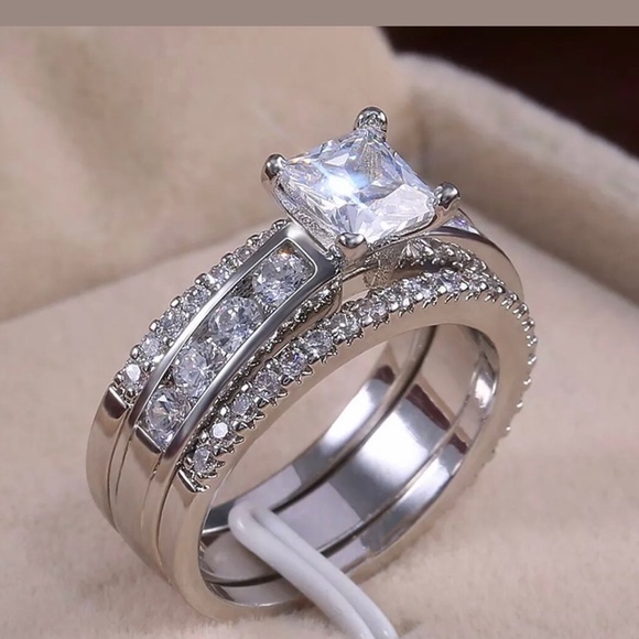 Jewelry - NWT White Sapphire 3 pc Wedding Ring Set Sz 6